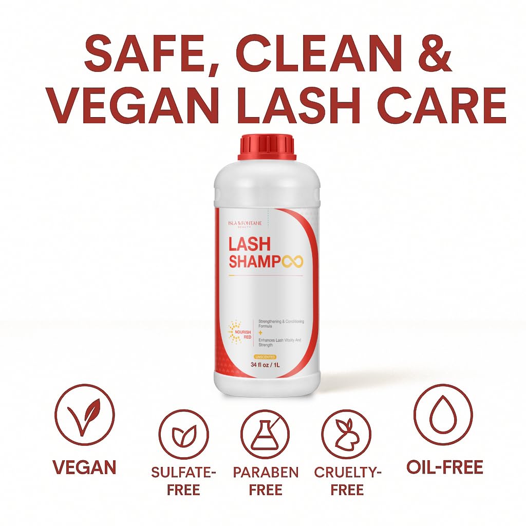 ISLA & FONTANE Lash Shampoo – Nourish Red 34 fl oz / 1L | Strengthening Lash Foam Cleanser for Extensions | Biotin & Keratin Lash Care | Lash Shampoo Bulk for Salon Use & Home Use