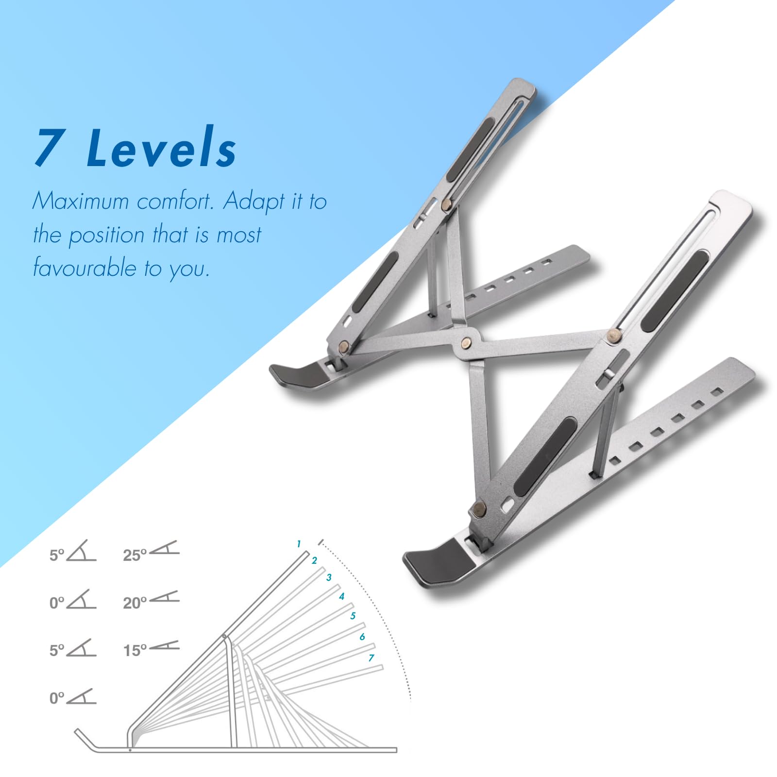 Dohe - Support Ordinateur Portable - Réglable sur 7 Niveaux, Antidérapant, Fabriqué en Aluminium Résistant, Compatible 13-15.6”, Inclinaison 15-45º, Couleur Argent