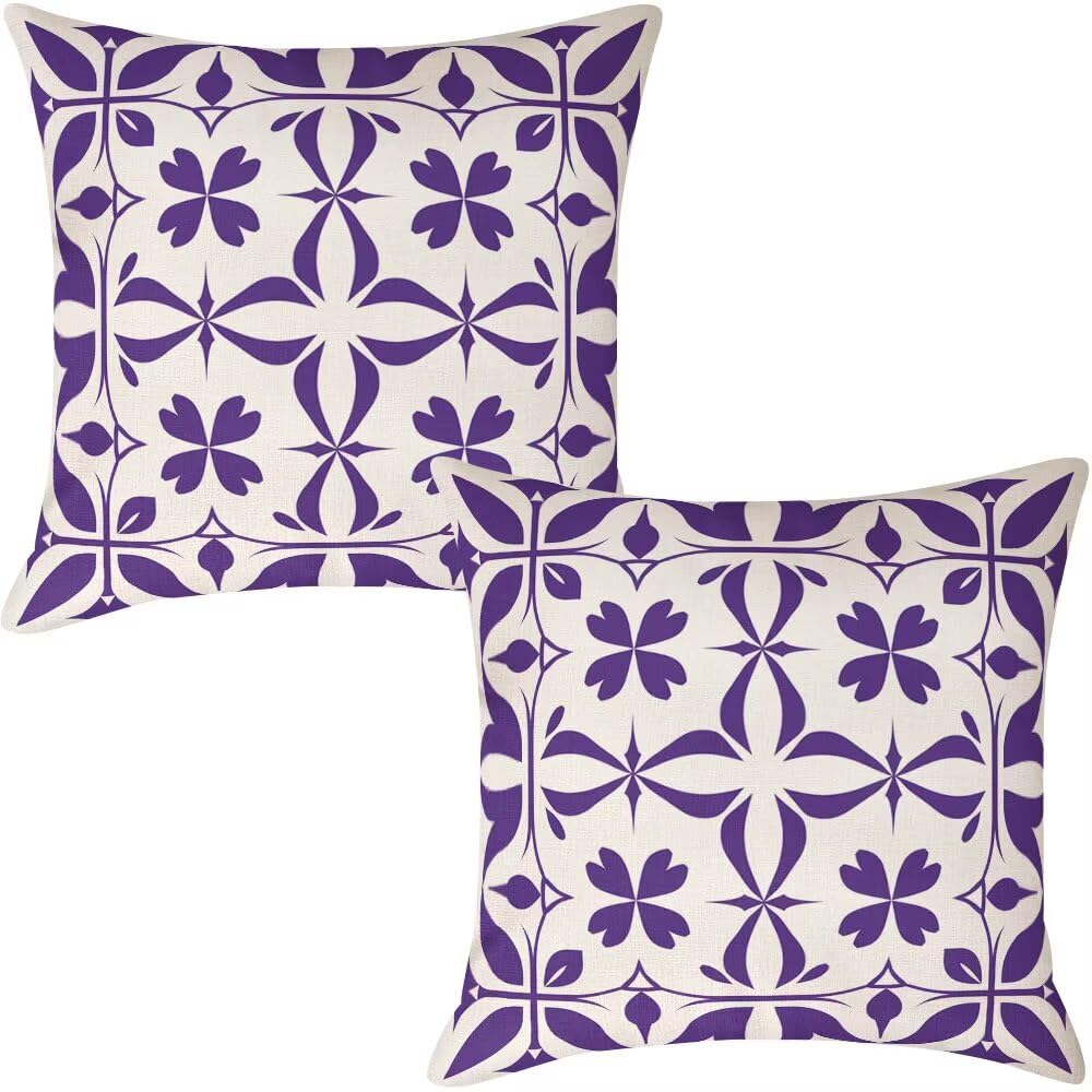 Outdoor Cushion Covers 60cm x 60cm Purple Garden Cushions Waterproof Abstract Throw Pillow Cases Set of 2 Modern Cushion Cover Linen Sofa Cushions Decorative Throw Pillows for Garden Patio (IU204)