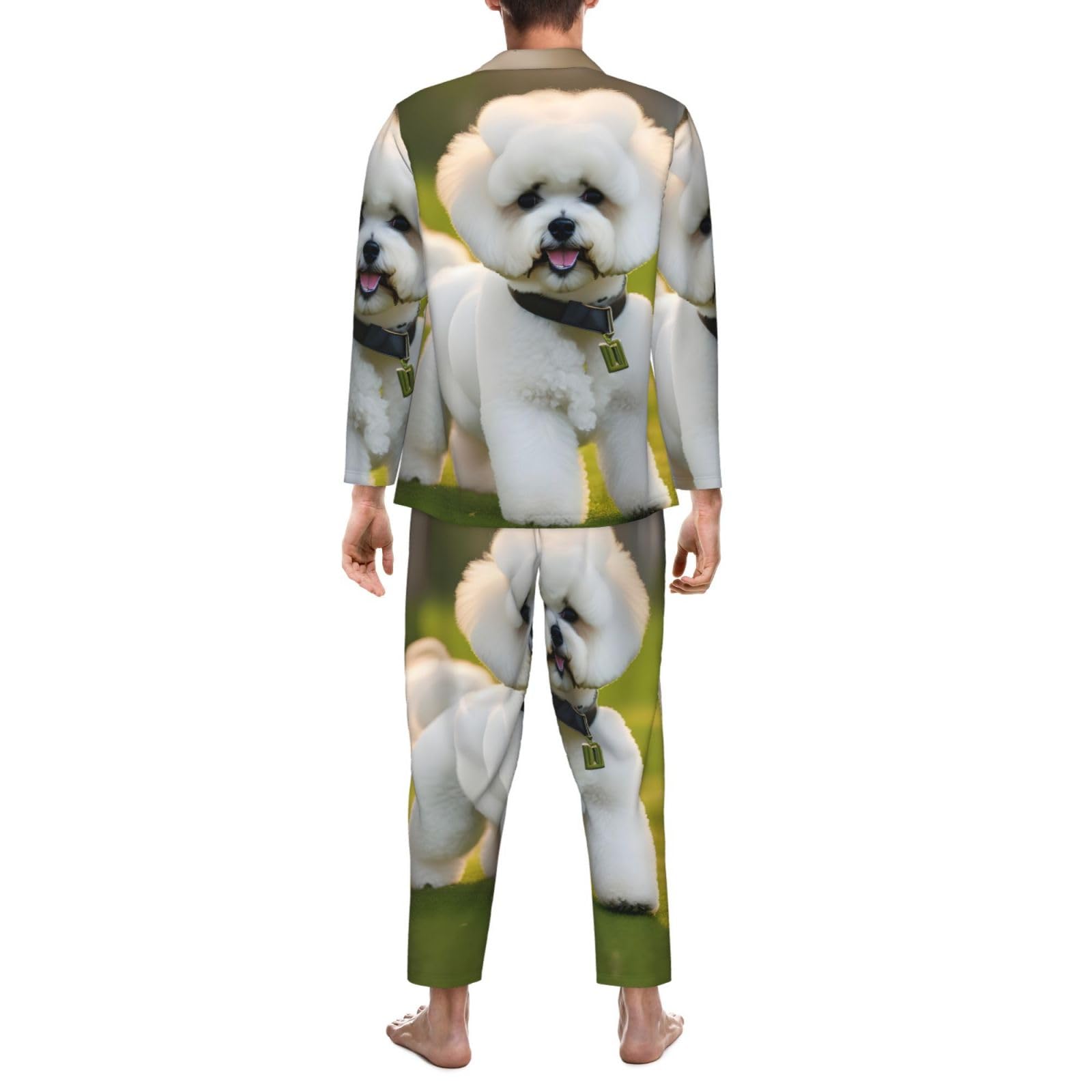 Bichon Frise pies na trawie nadruk męska piżama z długim rękawem zestaw bielizna nocna dwuczęściowy zestaw wypoczynkowy oddychająca bielizna nocna