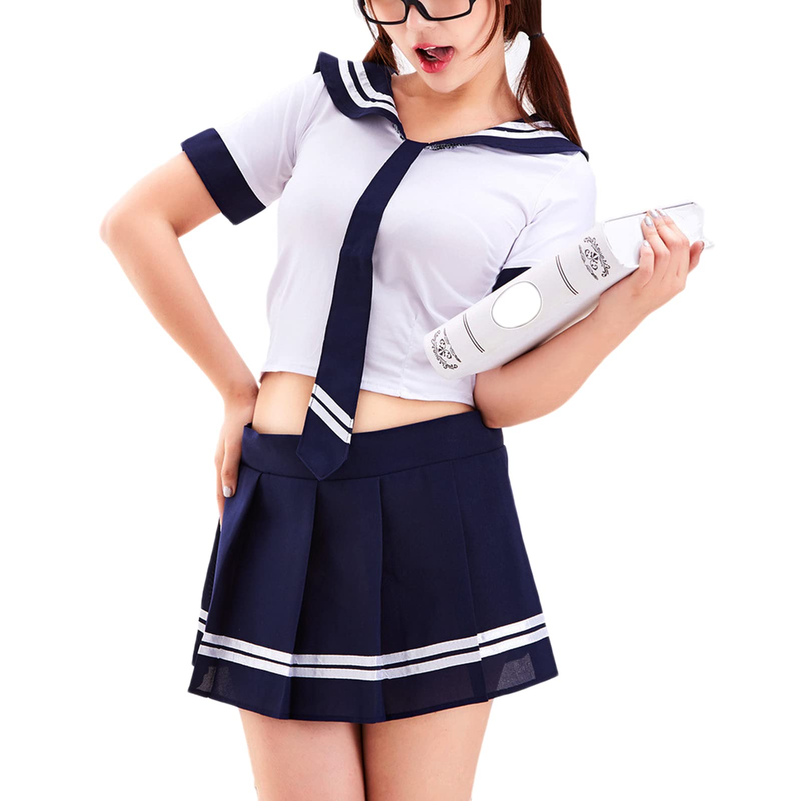 ROSAA Lencería Sexy Mujer Disfraz de Colegiala Traje de Marinero Japonés JK Uniforme Mini Vestido Body Atar Anime Cosplay Halloween Elástico Crop Top Falda Plisada Azul
