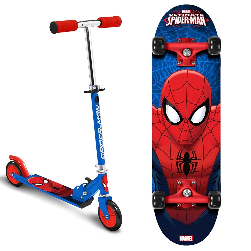 Stamp - Folding Scooter - Marvel Spiderman - SM250042, Blue, 5+ & SAS Spiderman Skateboard, Kids, Blue, 4+ Years