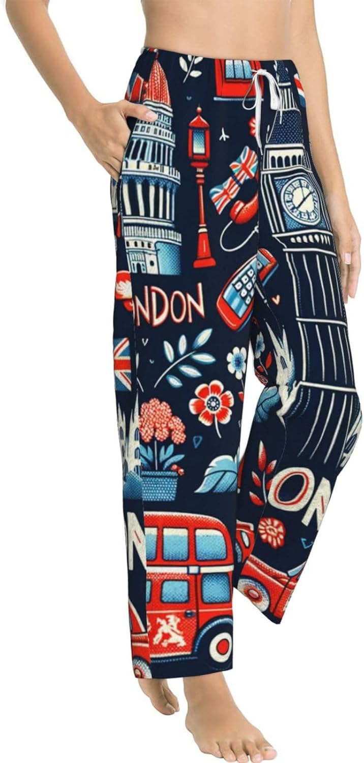Women'S London-Iconic-British-Pattern Fleece Pajama Pants, Cozy Flannel Lounge Bottoms For Women
