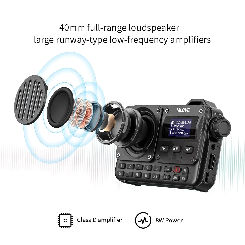 MLOVE BV800 Radio FM Portátil Pequeña Pantalla LCD y Altavoz Bluetooth, Admite Reproducción a través de BT 5.0, Entrada AUX, USB y Tarjeta TF para Disfrutar de la Música en Cualquier Lugar, Negro