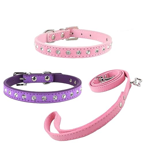 Newtensina 3 Piezas Cuello de Cachorro con Juego de Correa 2 Piezas Collar de Perro con Correa Rosada…