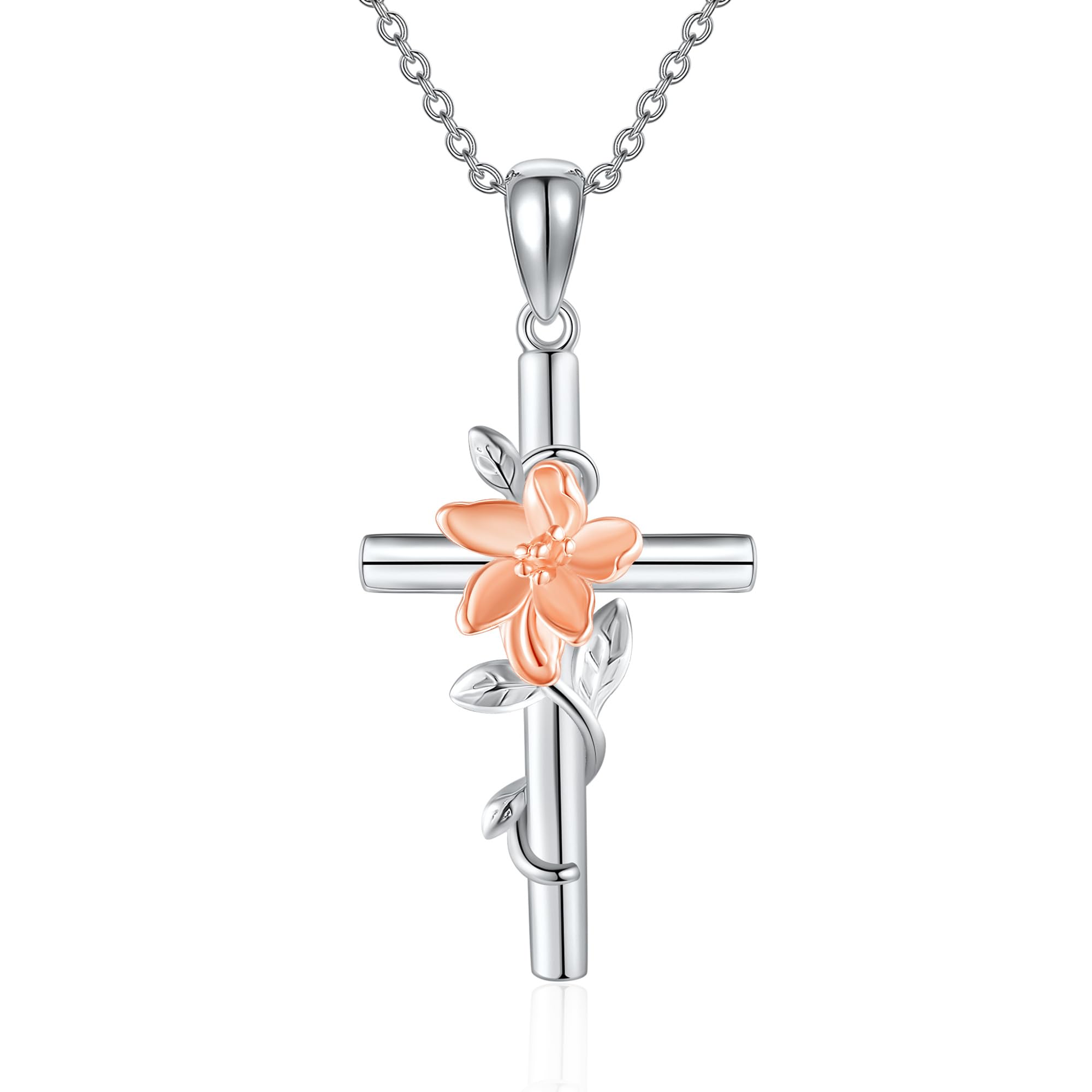 Flower Cross Necklace 925 Sterling Silver Carnation/Rose/Lily/Daisy Cross Necklace Birth Flower Jewelry for Women