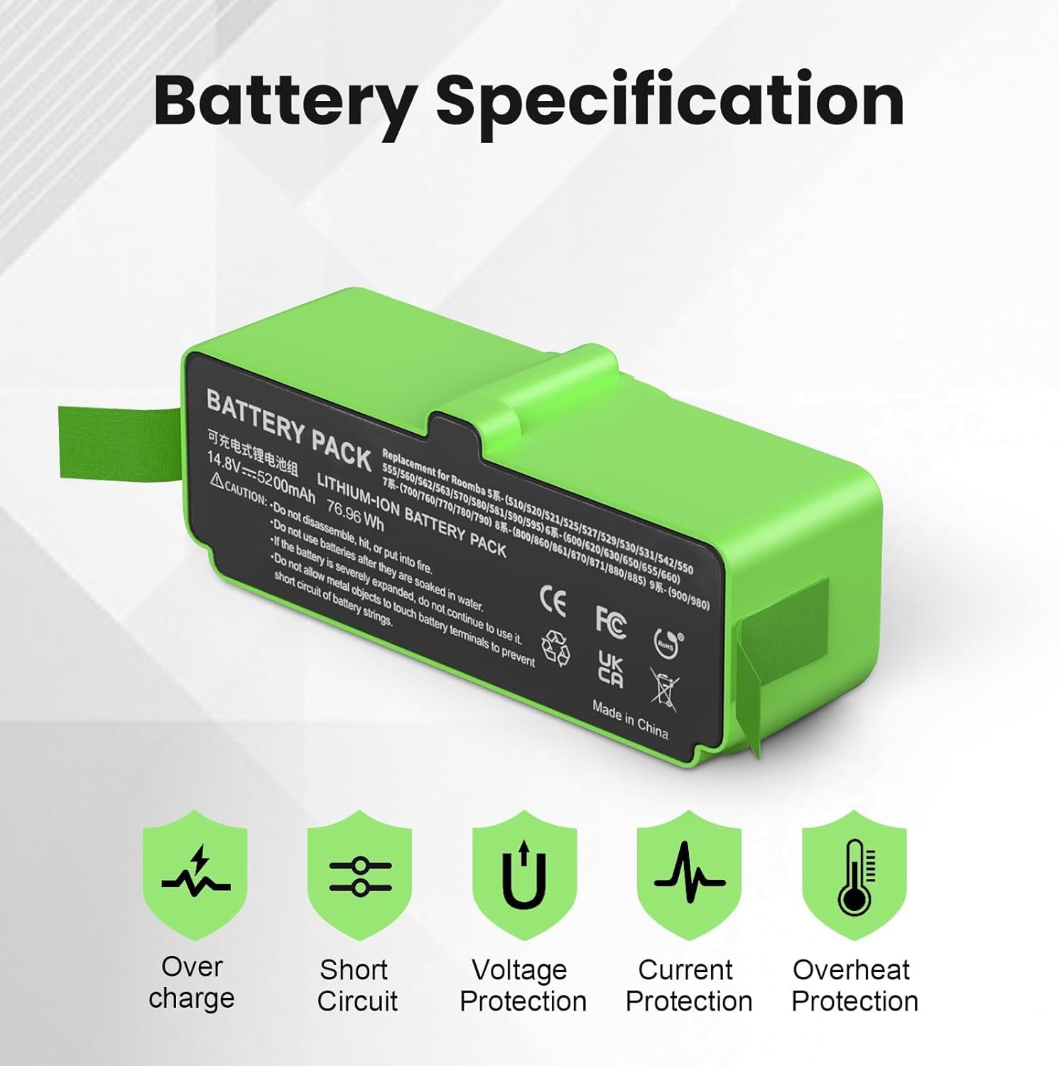 Batteria 14.4V 5200mAh Per IRobot Roomba - Sostituzione Li-ion Per Serie 500-900, Con Protezioni Integrate