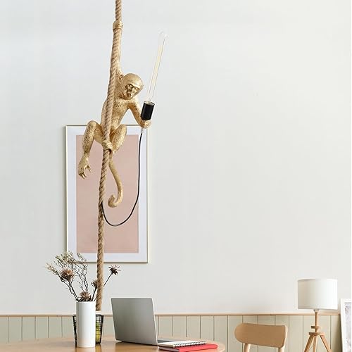 Miniatura 6 de Lámpara industrial colgante de resina con cuerda de cáñamo y figura de mono, vintage retro, base E26 Edison, para comedor, sala de estar,