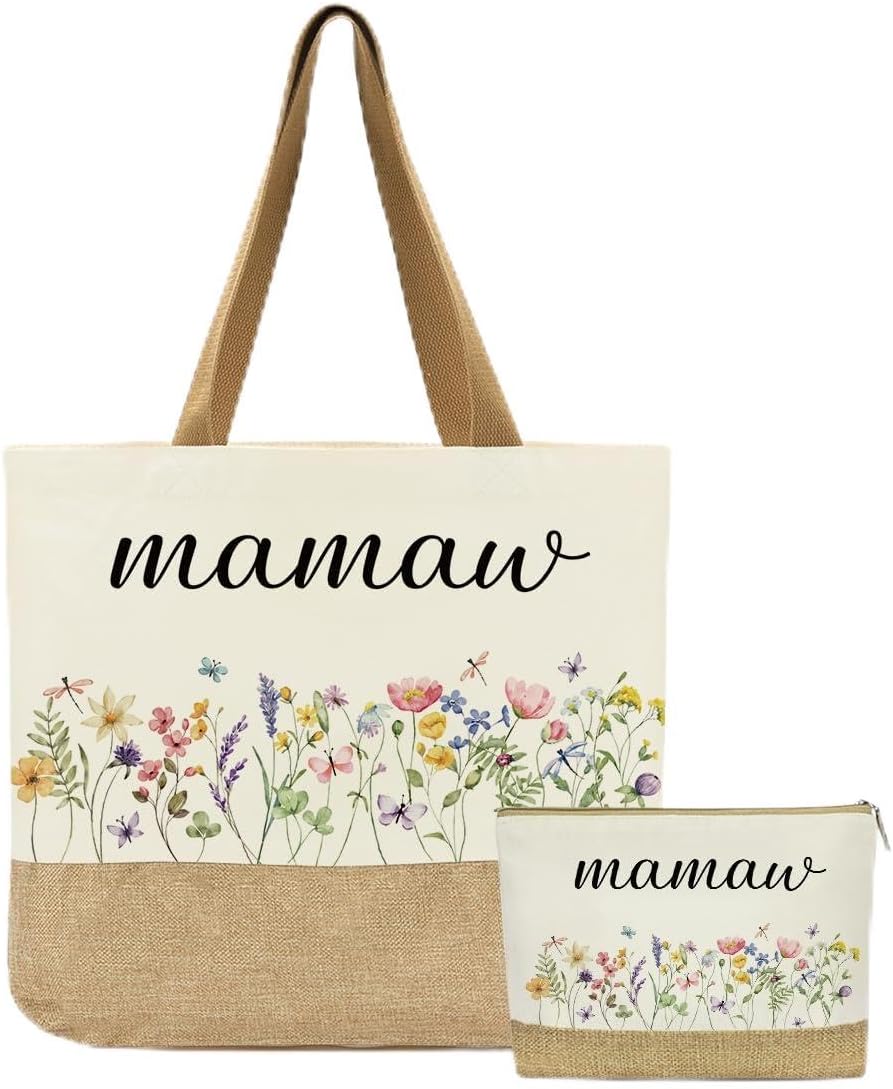 Mamaw Bag, Mamaw Gifts, Gifts for Mom Grandma, Birthday Christmas Retirement Appreciation Gift for Women Mom Grandma Nana Gigi Mimi, Reusable Butterfly Floral Tote Bags and Makeup Bags With Zipper