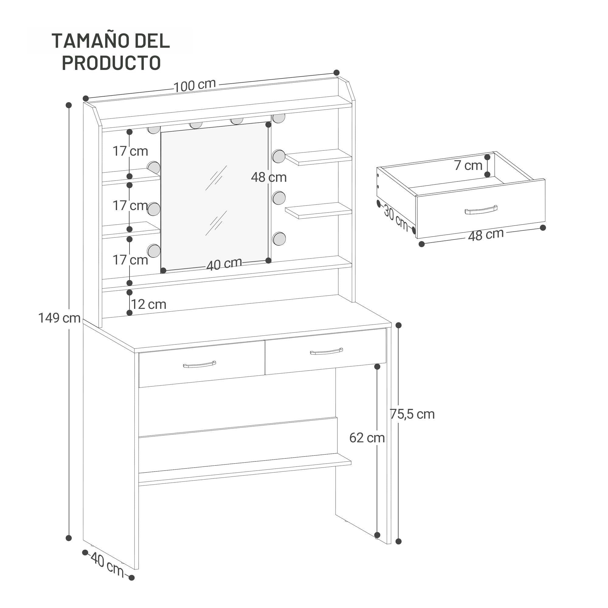 Hzuaneri Tocador de Maquillaje, con Espejo y luz LED, Estilo Moderno, Estación de Maquillaje con Estantes Abiertos y 2 Cajones, para Dormitorio, Salón, 40 x 100 x 149 cm, Blanco DT38703X