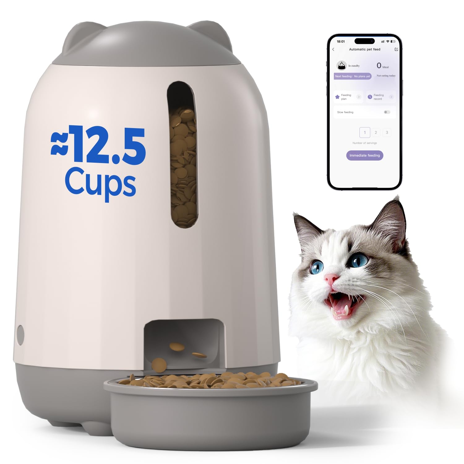 PAPIFEED Automatic Cat Feeder, 2.4G WiFi Auto Cat Food Dispenser with App Control, 3L Auto Pet Feeder with Dual Power Supply, Detachable for Easy Clean for Cats and Small Dogs, Grey