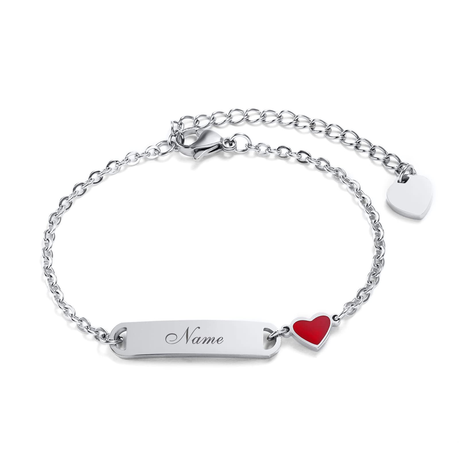 VNOXPulsera Personalizada Para Niñas y Niños, Pulseras Personalizado para Hija, Brazalete Grabable para Niños, Brazalete de Enlace con Etiqueta de Corazón, Pulseras para Muchachas