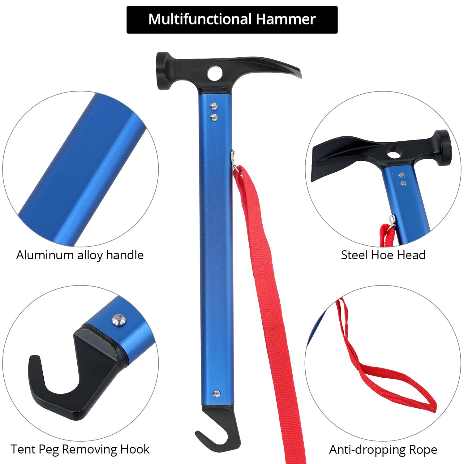 QWORK® Marteau de Camping 30.5 cm, Maillet Camping Extérieur en Aluminium, Marteau de Tente Multifonctionnel avec Extracteur de Piquets de Tente