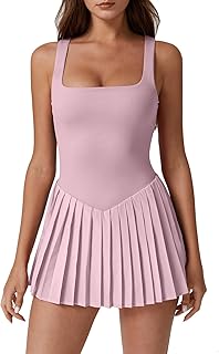 QINSEN Womens Square Neck Tennis Dress Pleated Sleeveless Built in Shorts Golf Athletic Dress with Pockets