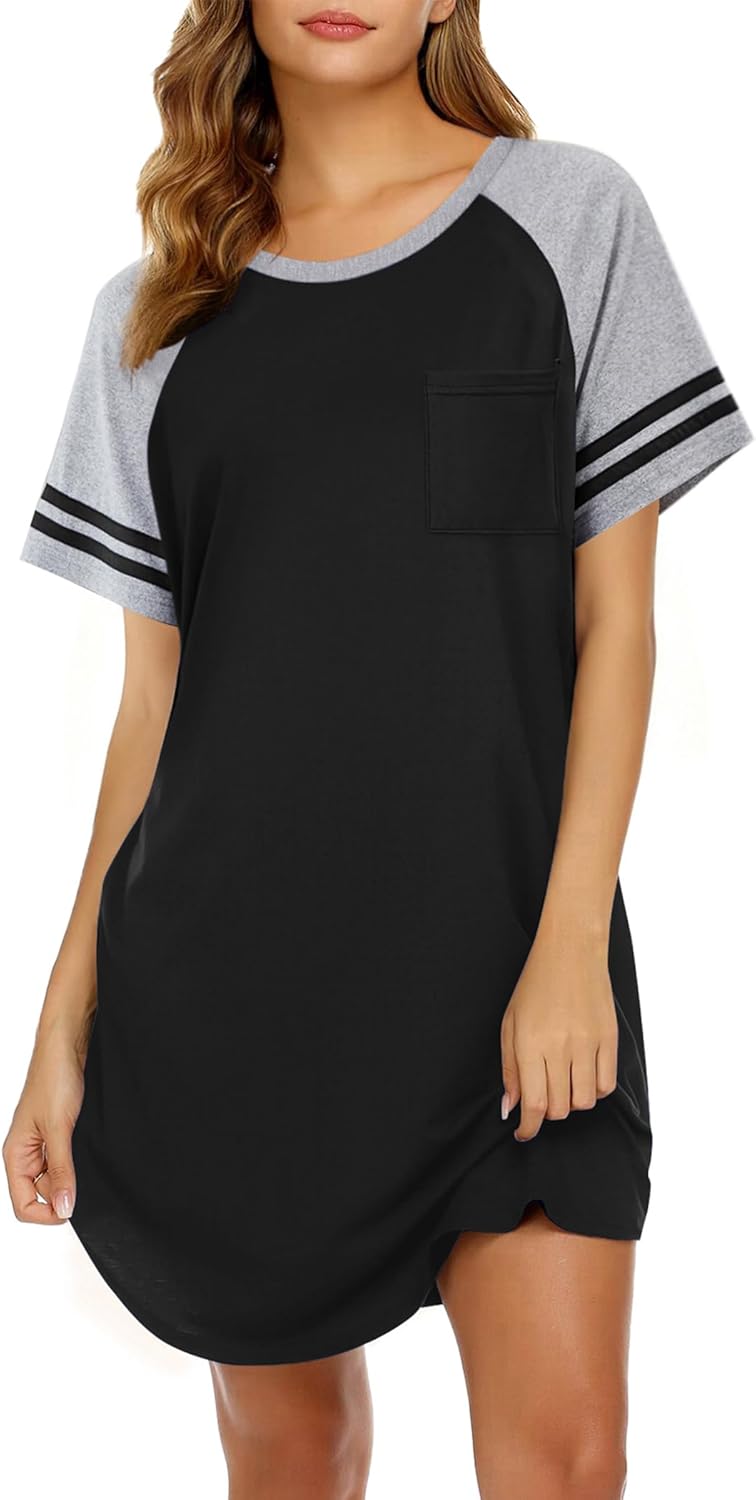 Ekouaer Nightgowns for Women Short Sleeve Sleepshirts Crew Neck Nightshirts Color Block Pajamas Dress Soft Sleepwear
