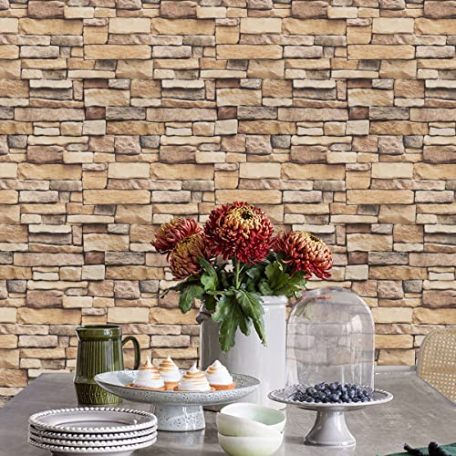 Arthome Rock Wallpaper Peel And Stick 17''X240'' Self Adhesive Contact Paper Waterproof Stone Brick Vinyl Film Wall Paper For Bedroom Living Room Fireplace Backsplash Wall Covering（Brown） #TOP3