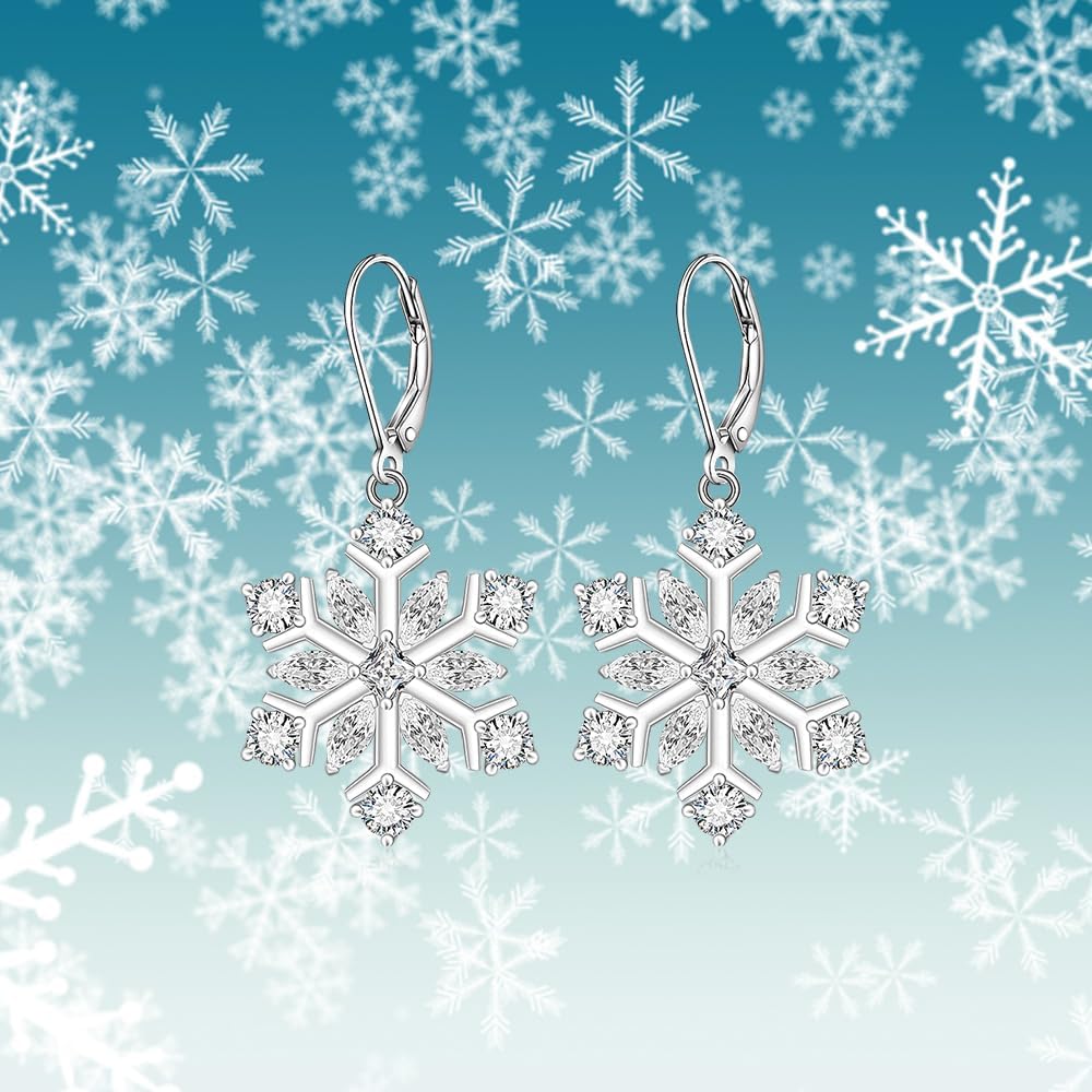 Snowflake Earrings for Women Christmas Earrings Dangle Sterling Silver White Snowflake Crystal Winter Earring Drop white gold Holiday Jewelry Birthday Gifts - Image 7