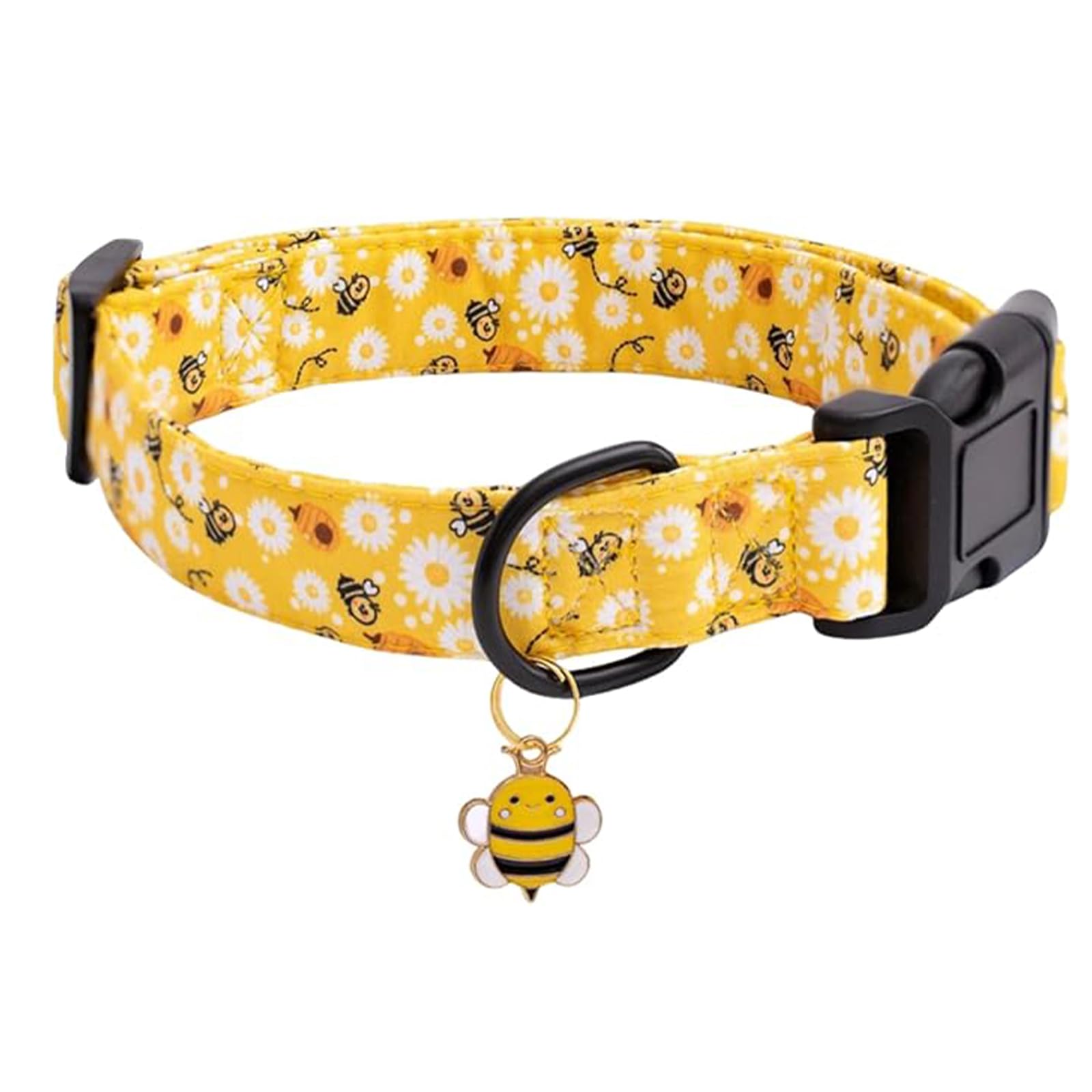 Yellow Bees Dog Collar, Cute Bees Yellow Dogs Collar with Plastic Buckle and Bee Pendant, Spring Dog Collars, Girl Cute Summer Pet Collars Boy Puppy Choker for Small Medium Large Dogs, M