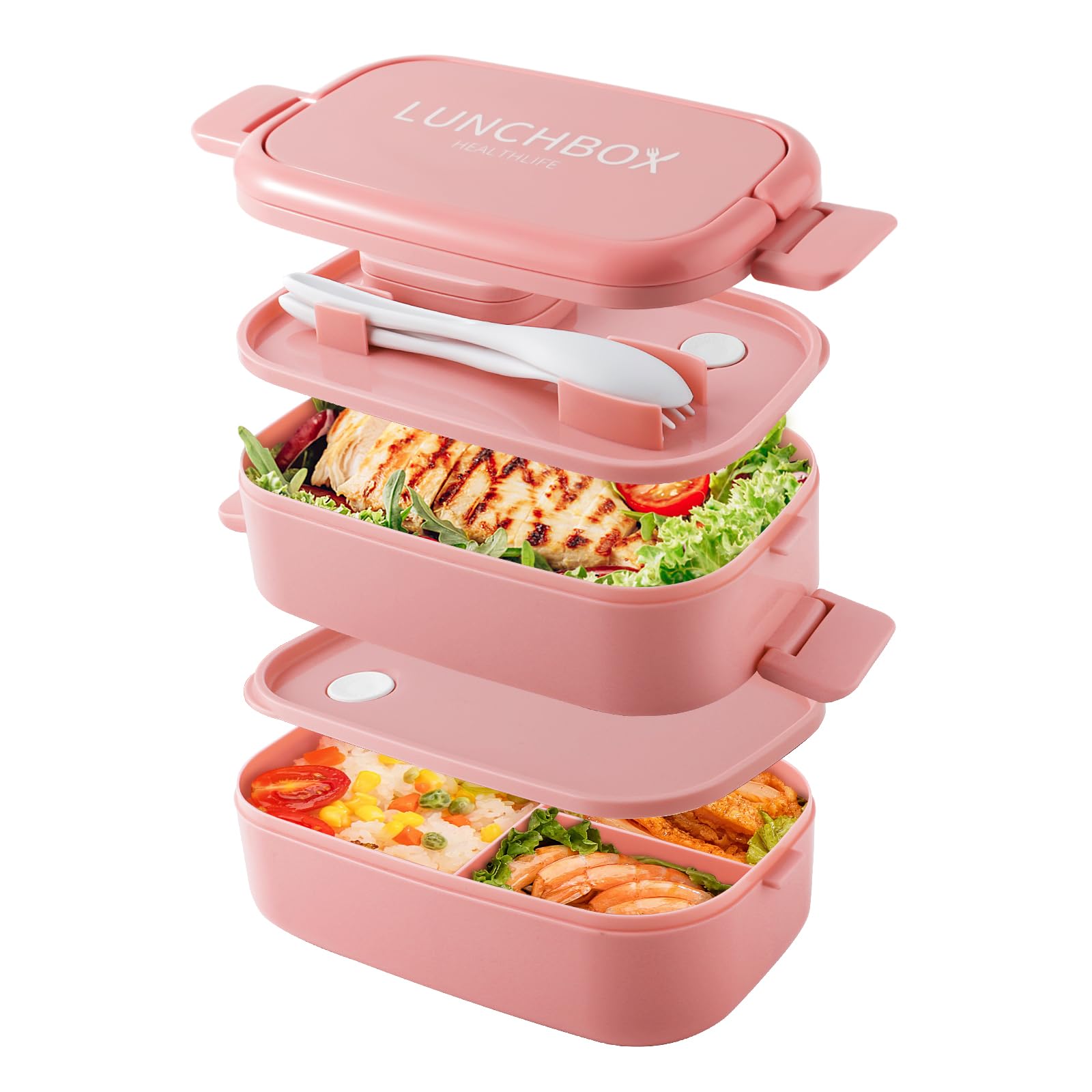 Beeptrum Pure Pink Bento Lunch Box Stackable,1500Ml Containers With 4 Compartments And Cutlery, Leakproof 2 Layer Boxes, For Adults Kids Office, Microwave Dishwasher Safe (Pure Pink)
