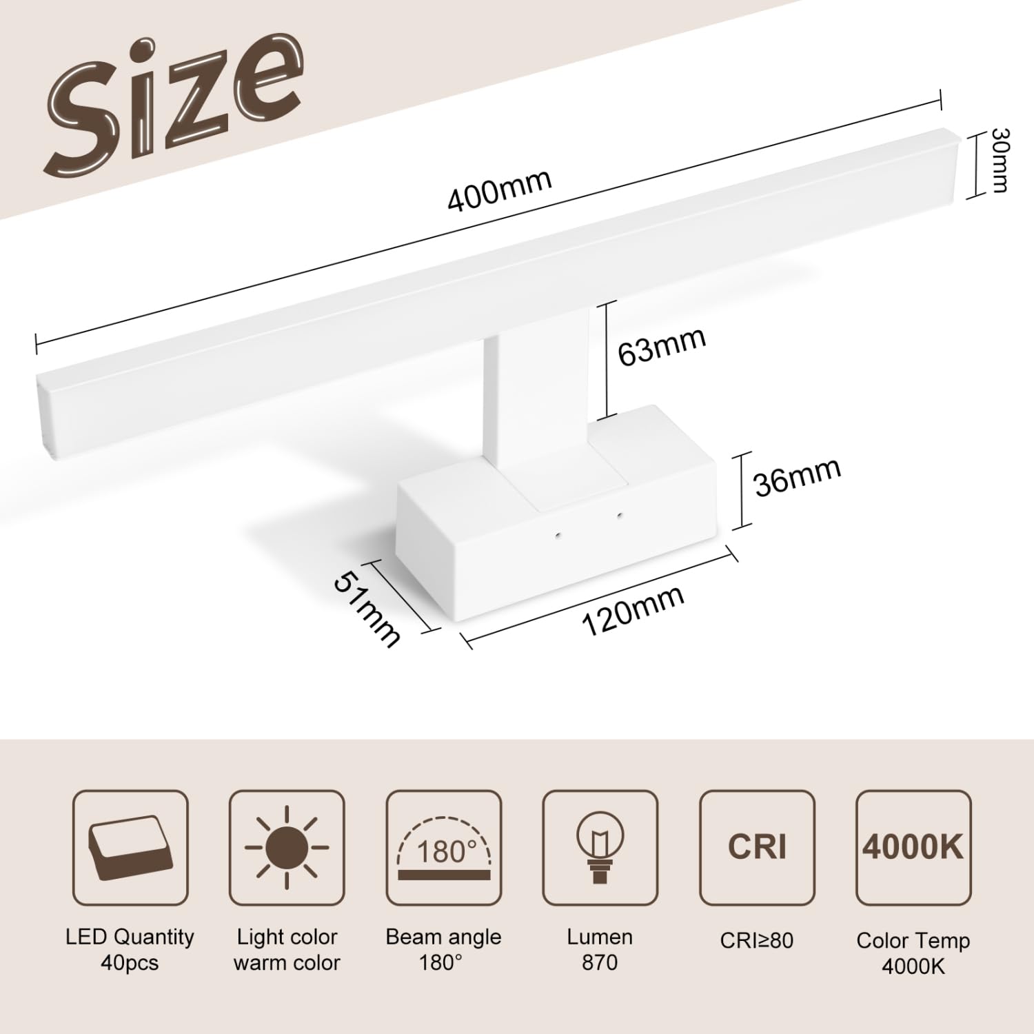 Aigostar Lampara LED de Espejo 40cm 8W 560LM Lámpara de Baño Amarillo Cálido 4000K Lámpara LED de Pared IP44 230V Luz de Espejo de Baño de Blanco