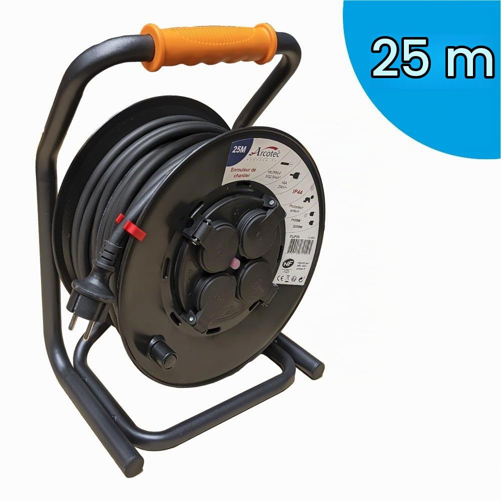 Enrouleur PRO de Chantier 3G2.5 25m IP44 Platine Fixe (Anti Twist) - Câble H07RN-F - 4 Prises 16A - Garantie 2 Ans