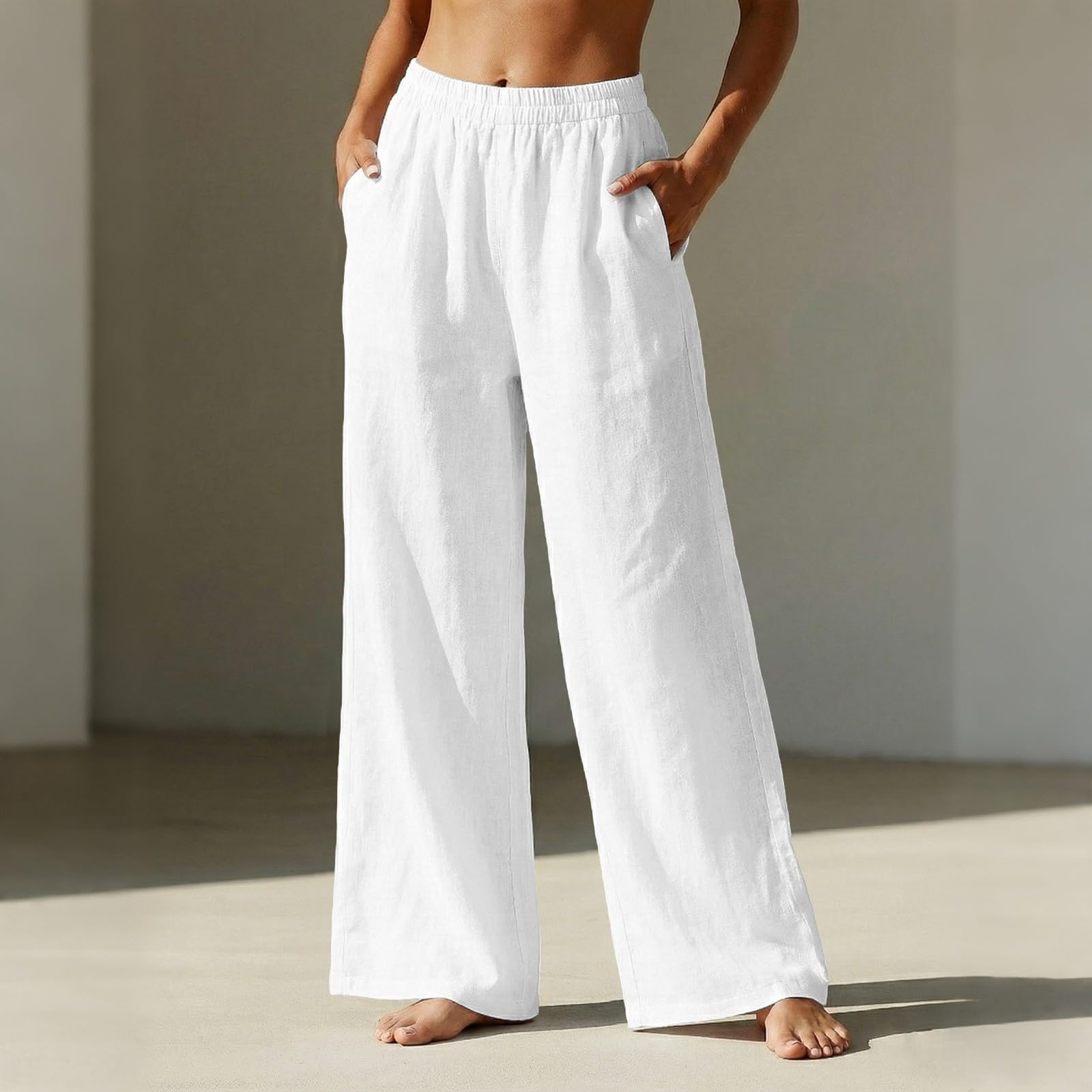 Pantaloni Lino Donna Estivi Casual Pantaloni Leggeri Larghi con Coulisse Gamba Dritta Pants da Spiaggia in Cotone Taglie Forti per Yoga Eleganti Estivi Pantalone per Sport Vacanze Spiaggia S-4XL