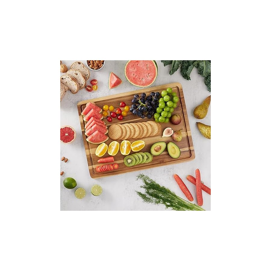 Wood Cutting Boards for Kitchen, Large cutting board 17 x 13 Inch, BEZIA Acacia Wooden Carving Board for Meat, Turkey, Vegetables, BBQ, Cheese - Chopping Butcher Block with Handles, Juice Groove