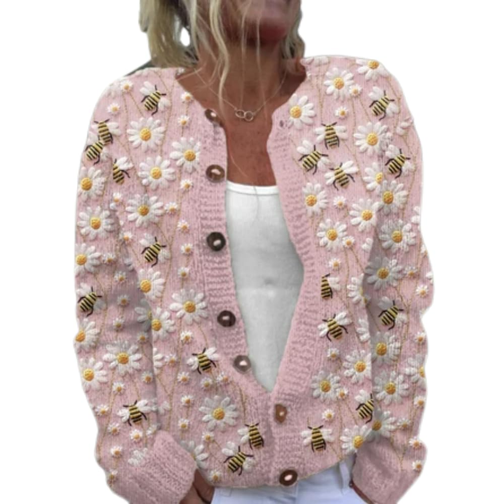 Womens Floral Knit Cardigan Long Sleeve Crew Neck Button Down Sweaters Animal Print Casual Fall Holiday Cardigans