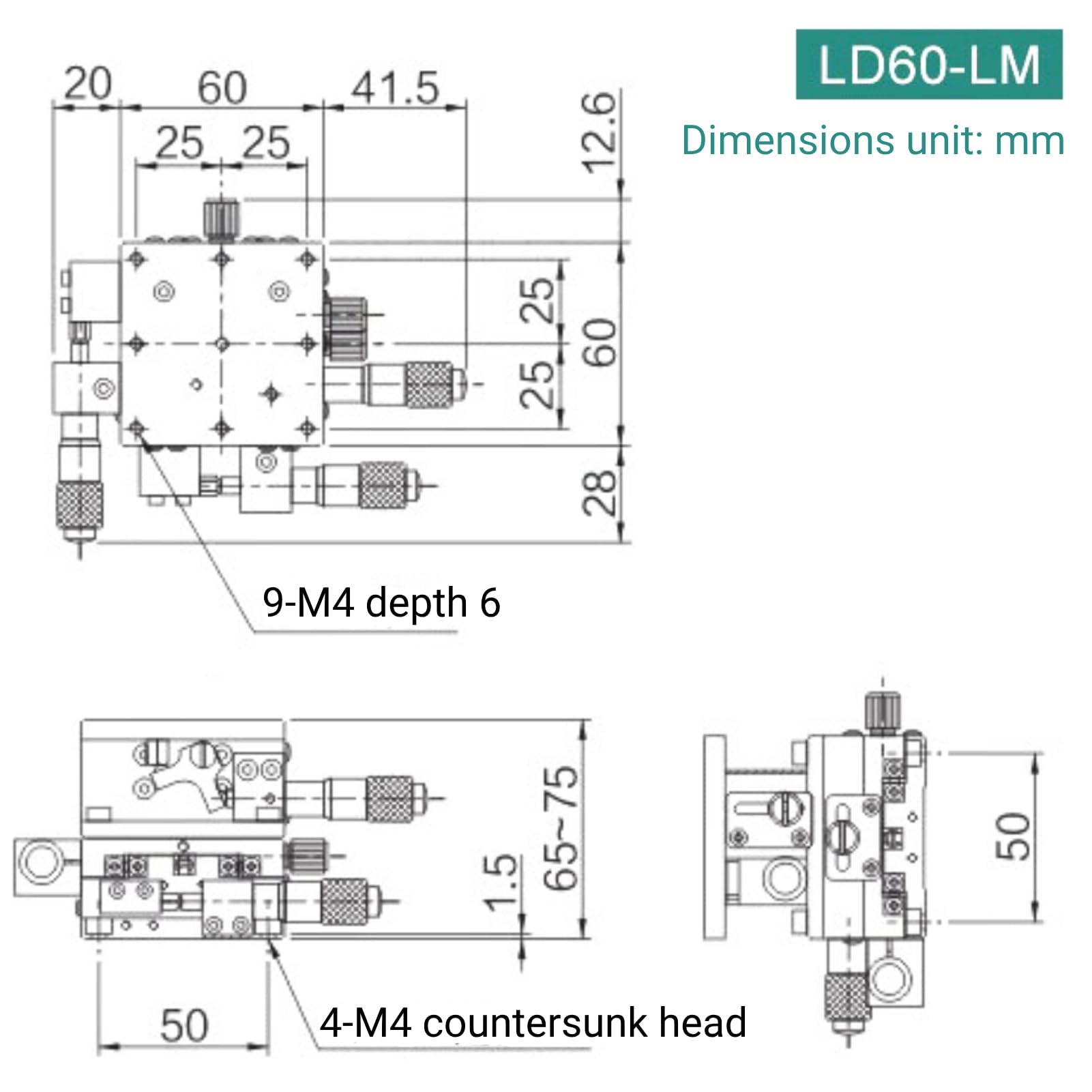 3-Achsen Manueller Lineartisch Trimmplattform Tuning-Schiebetisch LD60-LM XYZ 60 X 60 Mm für Optische Instrumente Messgeräte