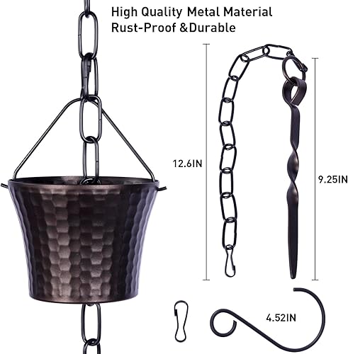 Miniatura 4 de Cadenas de lluvia para canaletas con adaptador, juego de cadenas de lluvia de hierro forjado de 8.5 pies, no se oxidan, tiene drenaje con estaca de