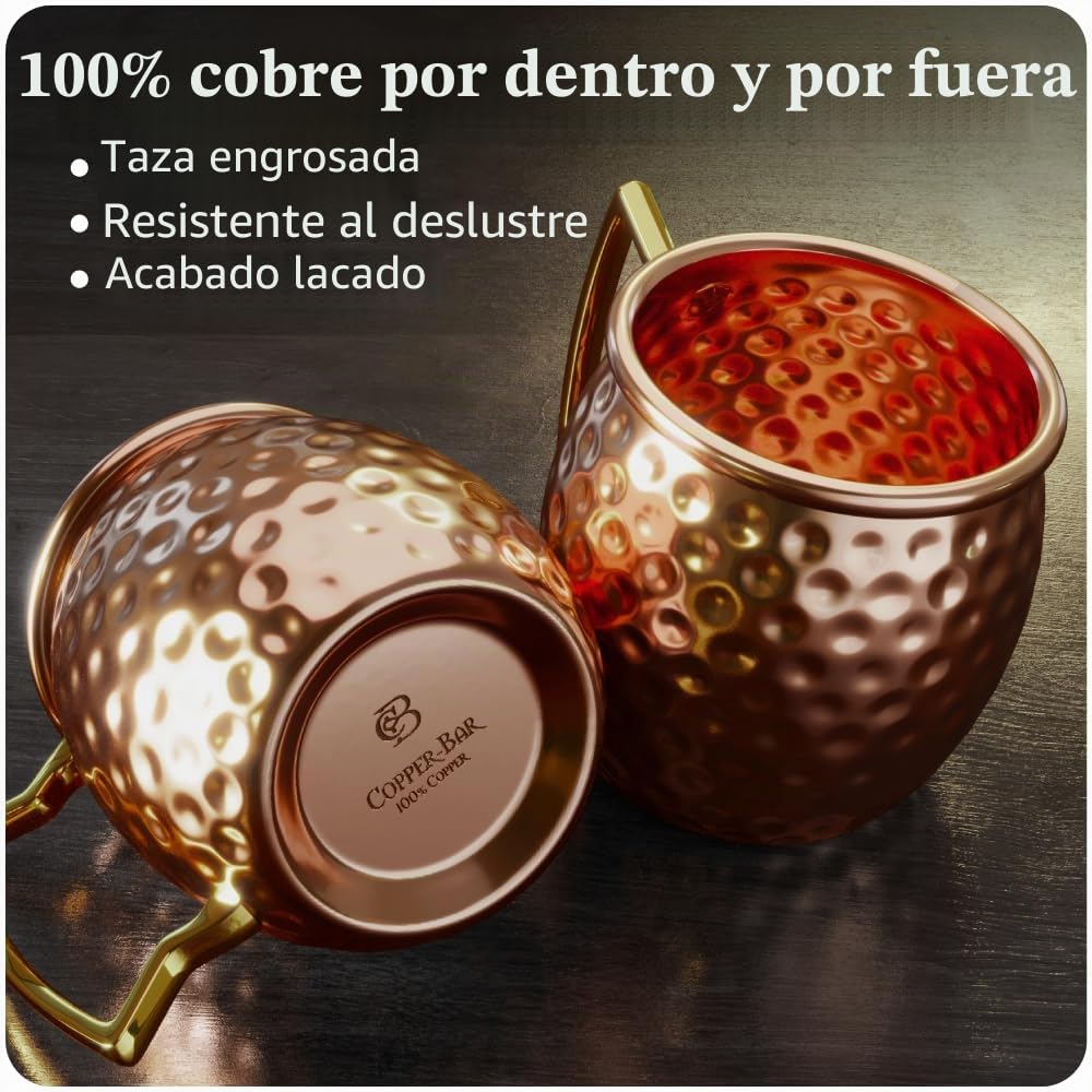Moscow Mule tazas 100% sólido cobre, martillado, Set de regalo de 2, 16oz, no níquel auténtico mango, Bonus: 2 pajitas + 1 shot cristal + agitador & 2 Libros Electrónicos por copper-bar