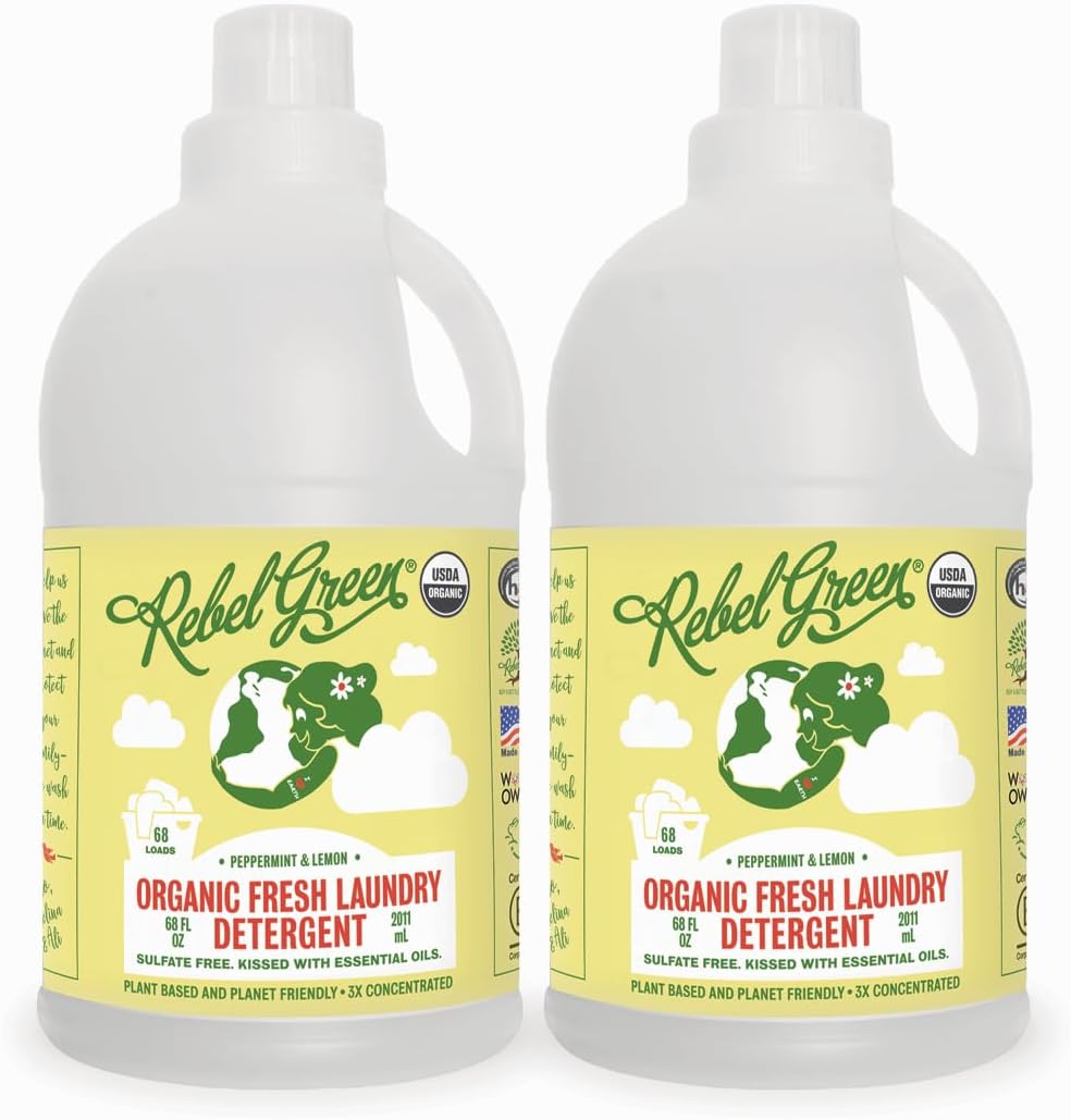 Rebel Green Organic Laundry Detergent - Natural Laundry Soap - Liquid Laundry Detergent with Dispenser Cup - Gentle Laundry Detergent - Fresh Peppermint & Lemon Scent - (64 Load Bottles, 2 Pack) Peppermint & Lemon 64 Fl Oz (Pack 2