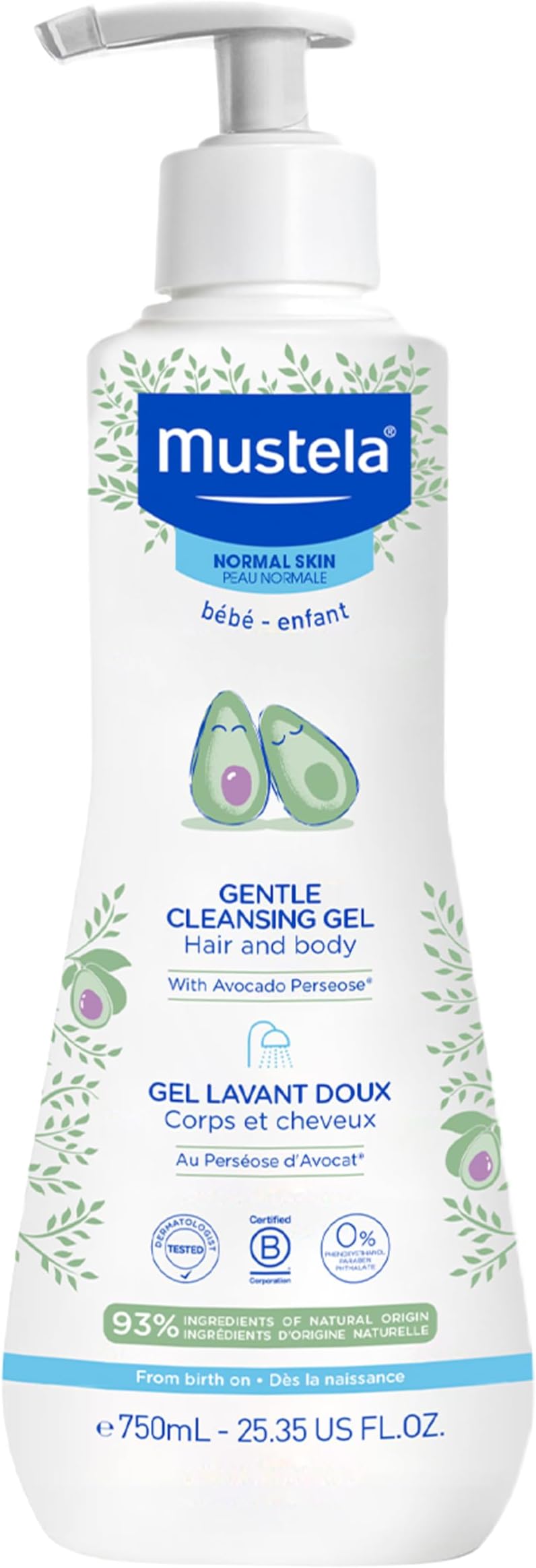 Mustela Baby Gentle Cleansing Gel - Baby Hair & Body Wash - with Natural Avocado fortified with Vitamin B5 - Biodegradable Formula & Tear-Free â€“ 25.35 fl. oz. (Pack of 1)