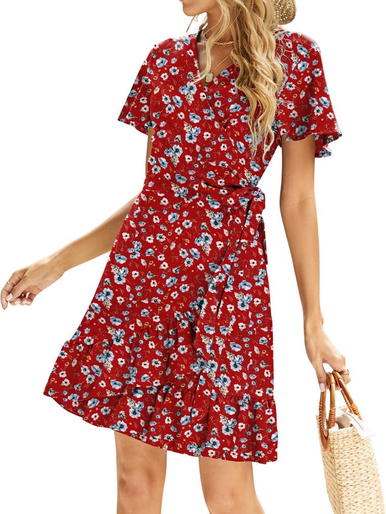 Naggoo Women's Summer Wrap V Neck Polka Dot Print Ruffle Short Sleeve Mini Floral Dress with Belt