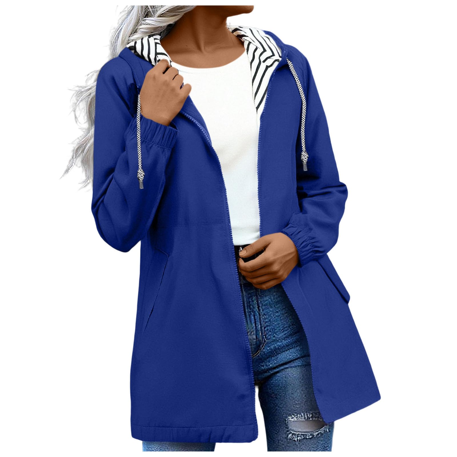 GOHRSHA Rain Jacket Women Striped Lined Waterproof Lightweight Hooded Wind Proof Rain Trench Coats Long Windbreaker Raincoat