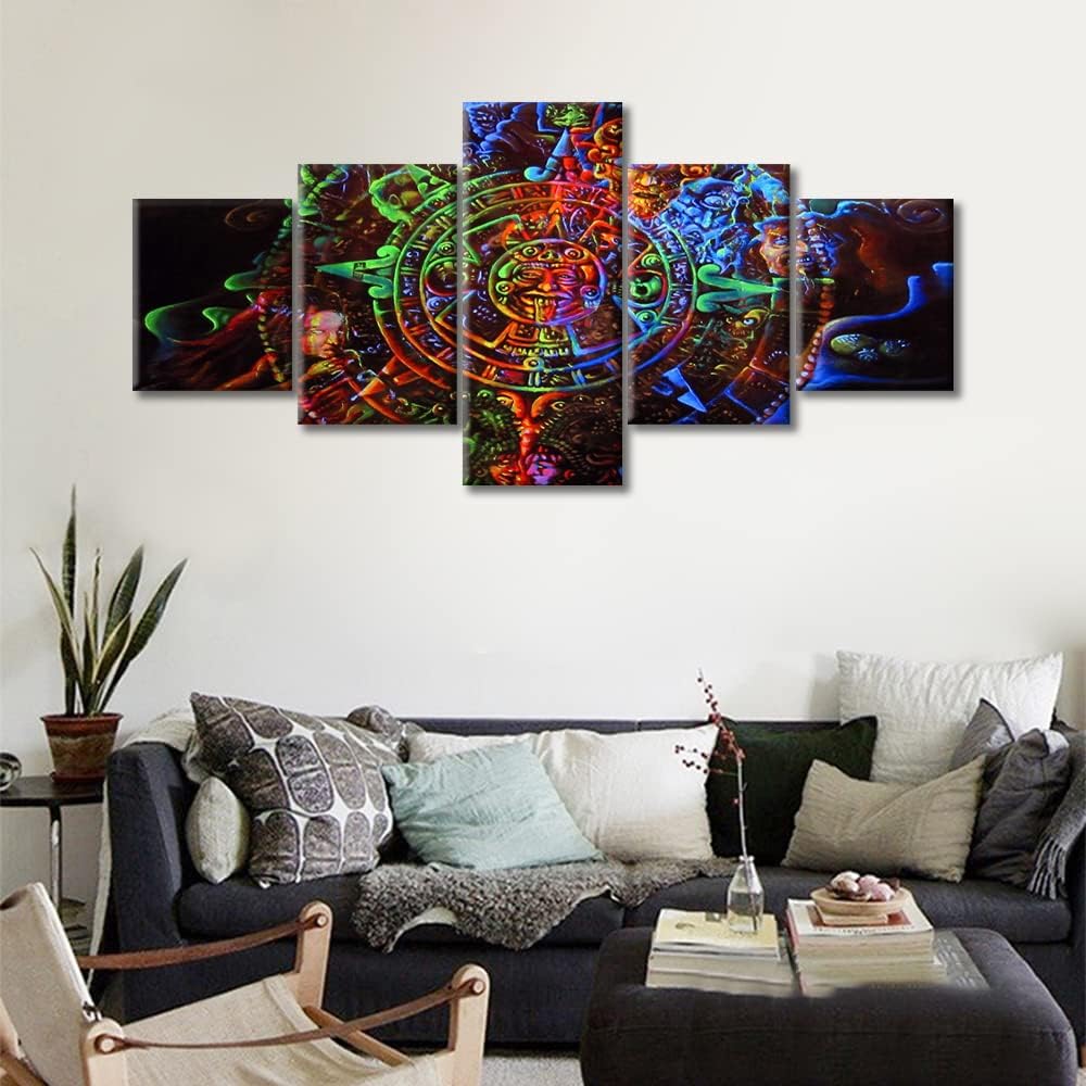 Colorful Aztec Calendar Canvas Wall Art Painting Ancient Mexico Wall Decor for Living Room Pictures Print on Canvas 5 Panels Mayan Framed Modern Artwork for Home Wall Bedroom Decorations, 50" Wx24 H image 4