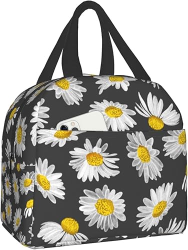 Lonchera con estampado de margaritas negras, bolsa de almuerzo con aislamiento pequeño, bolsa de comida reutilizable, bolsas de almuerzo para