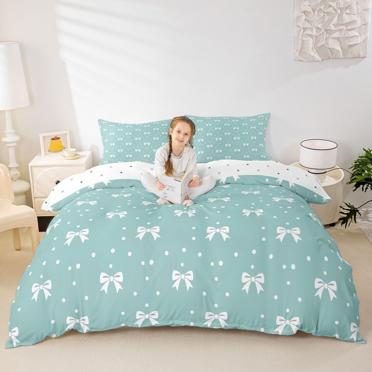 jejeloiu Teal Bowknot Duvet Cover Twin Size Boys Girls Girl Bow Bedding Set Breathable Soft Watercolor Bow Comforter Cover 2Pcs Coquette Bowknot Bedroom Decor