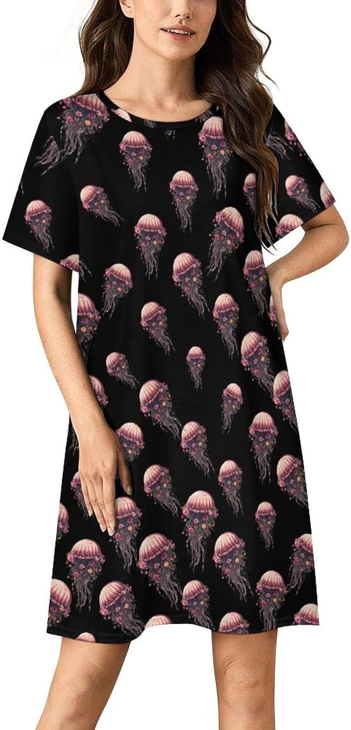 Bouquet of The Ocean Jellyfish Nightgowns for Women Short Sleeve Sleep Dress Casual Sleepshirt Night Gowns Pajamas