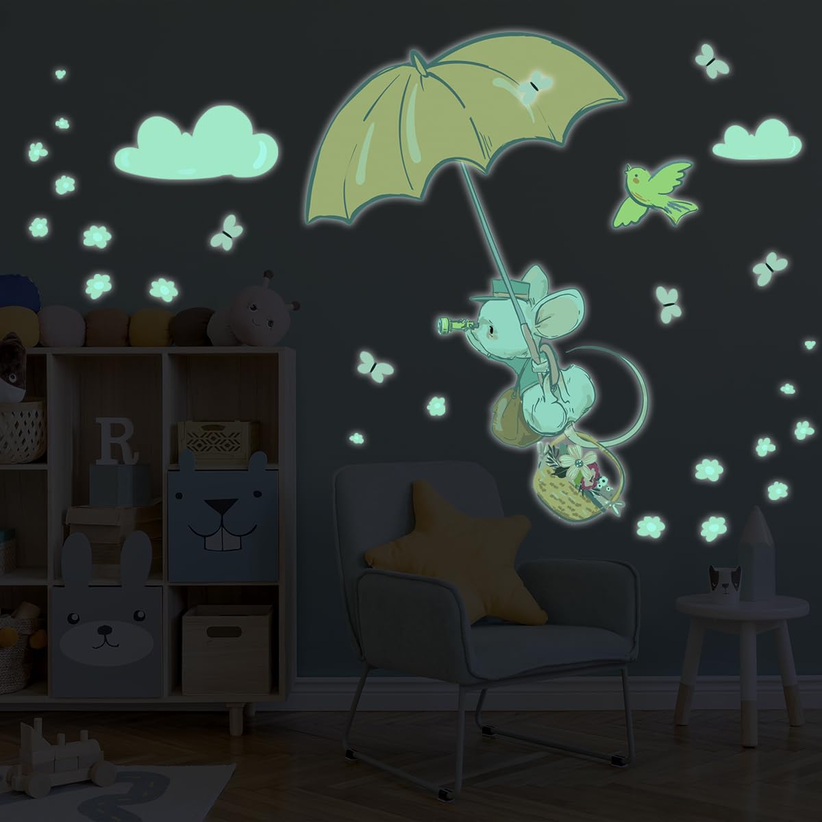 Ambiance Sticker Leuchtender Wandaufkleber für Kinder, fluoreszierend, Maus im Regenschirm, 80 x 50 cm