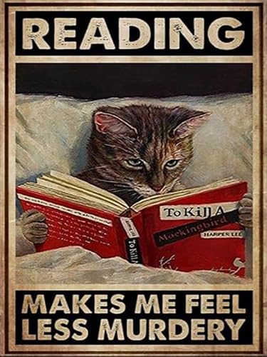 Metal Tin Sign Cat Tin Sign Reading Makes Me Feel Less Murdery Reading Tin Sign Book Lover Gift Rustic Metal Wall Art Sign Pub Wall Decor Art 12"X 8" Inch