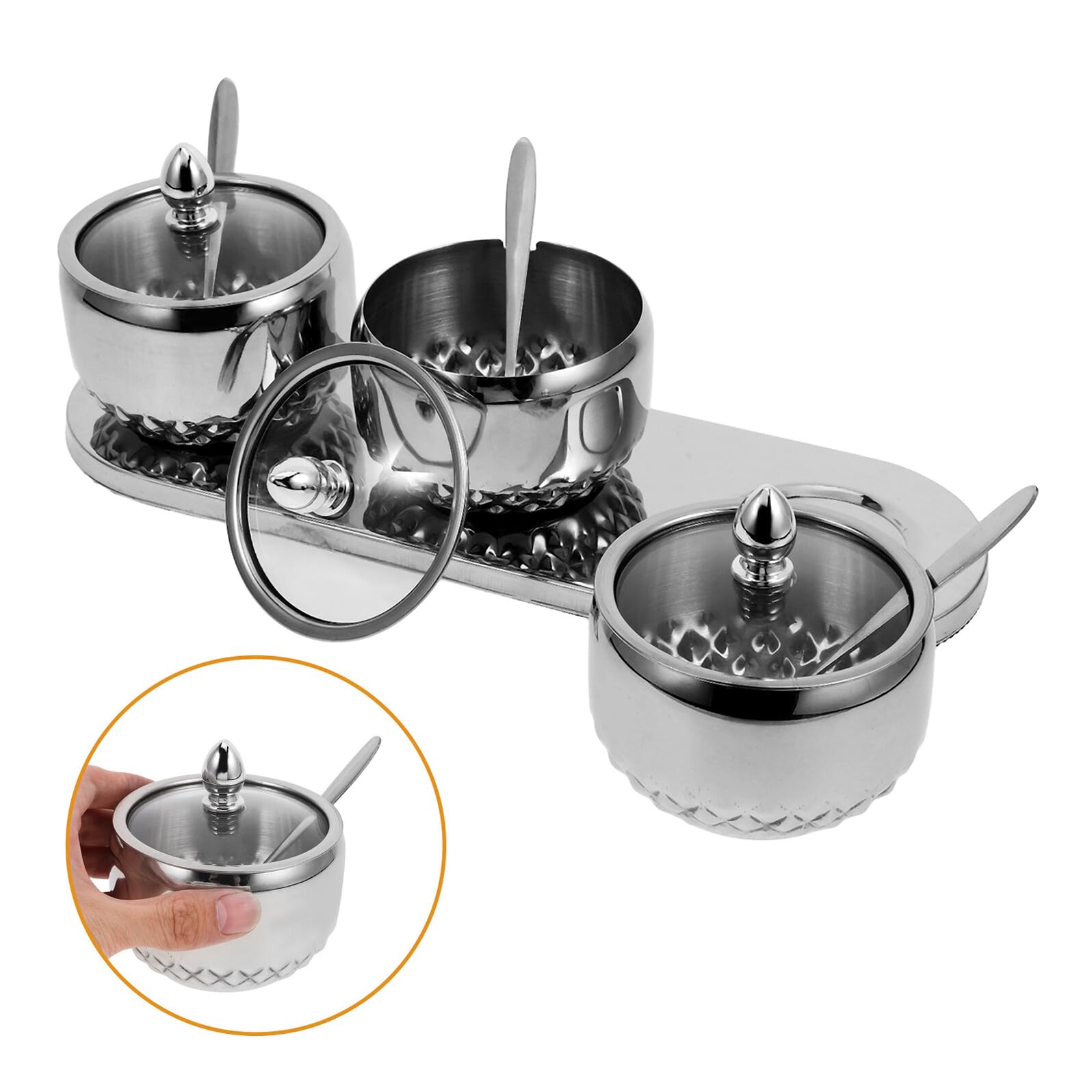 VILLCASE Edelstahl Gewürzglas mit Glasdeckel Löffel und Tablett Kompakte Gewürzbehälter für Küche Einfach zu Öffnen Langlebig und Übersichtlich für Salz Zucker Gewürze