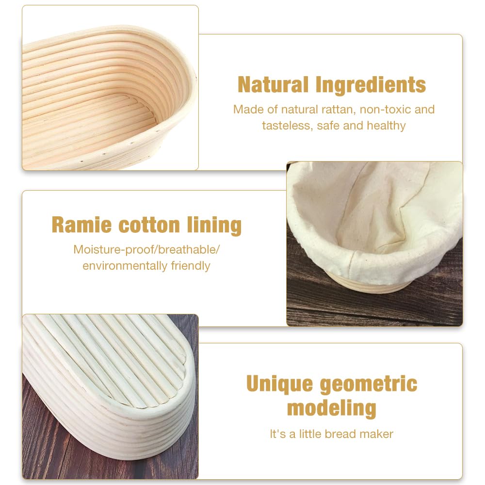 Lot de 2 paniers à pain ovales en rotin naturel de 25 cm, panier de levain avec doublure en tissu de lin, kit d'outils professionnels pour la fabrication de pain au levain