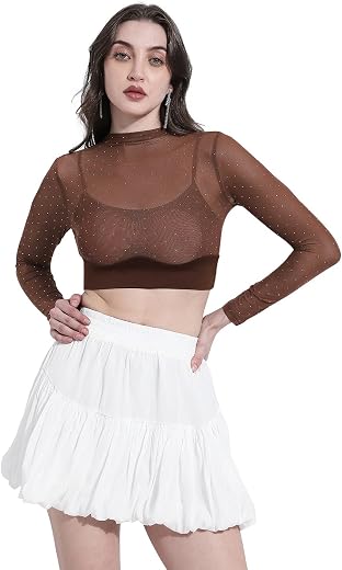 SHOWOFFFF Edition Women's Embellished Brown Sheer Mesh Crop Top-CHN-6815_Brown-P