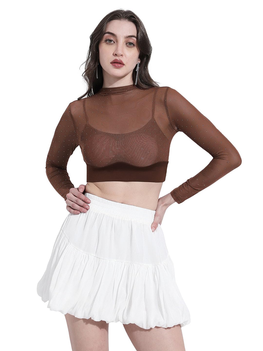 SHOWOFFFF Edition Women's Embellished Brown Sheer Mesh Crop Top-CHN-6815_Brown-P - Review, Price and Buying Guide