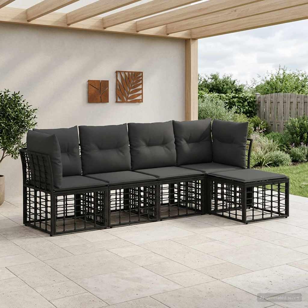 Set di divani da giardino modulari in polyrattan a 5 posti, colore: nero | Set di mobili flessibili per terrazza e balcone con elementi regolabili e imbottiture morbide.