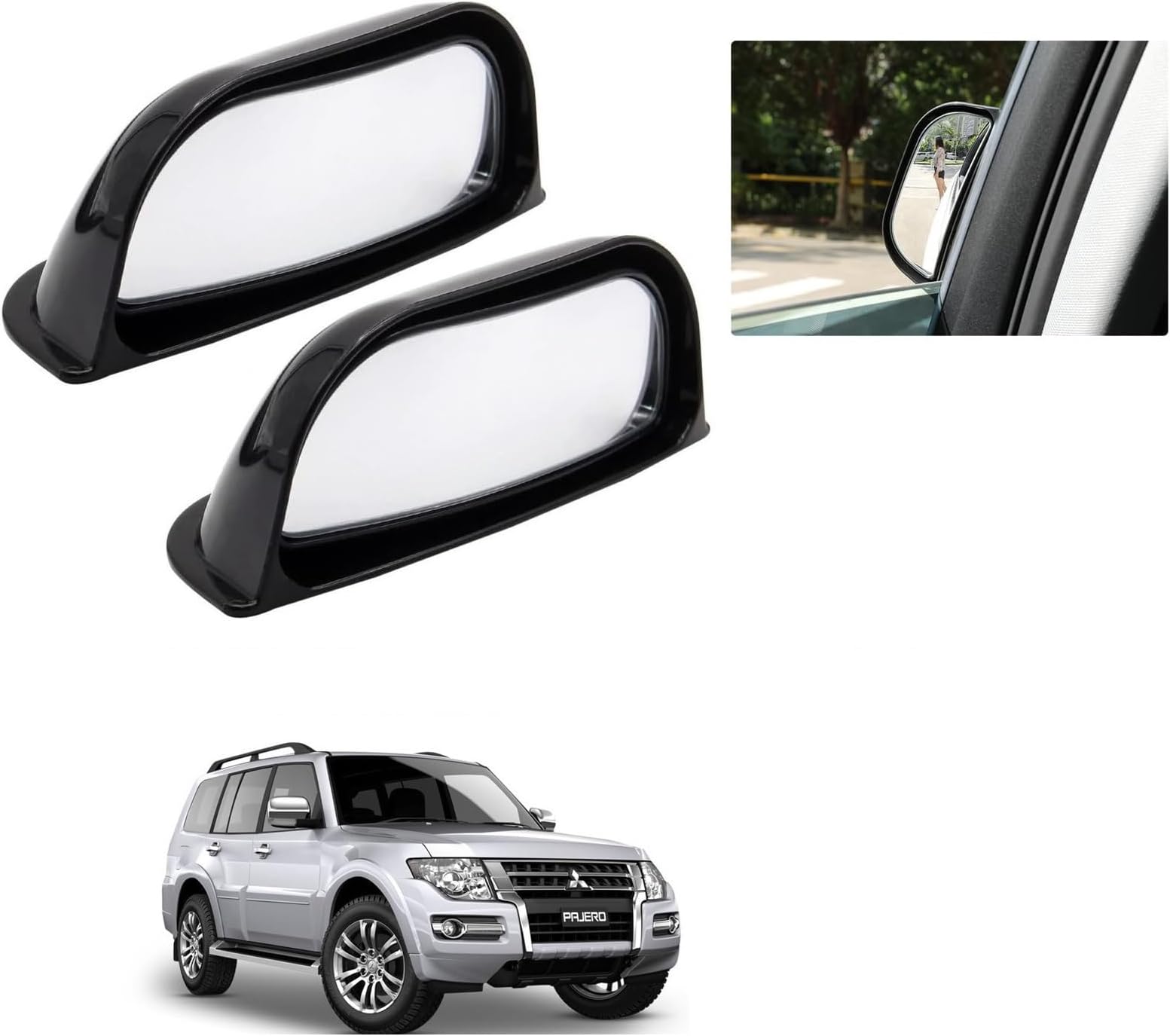 Auto Addict Car Side View Mirror Wide Angle Blind Spot Mirror/B-Pillar for Rear Seat Passengers (Pack of 2, Black) with Convex Mirror Compatible for Mitsubishi Pajero