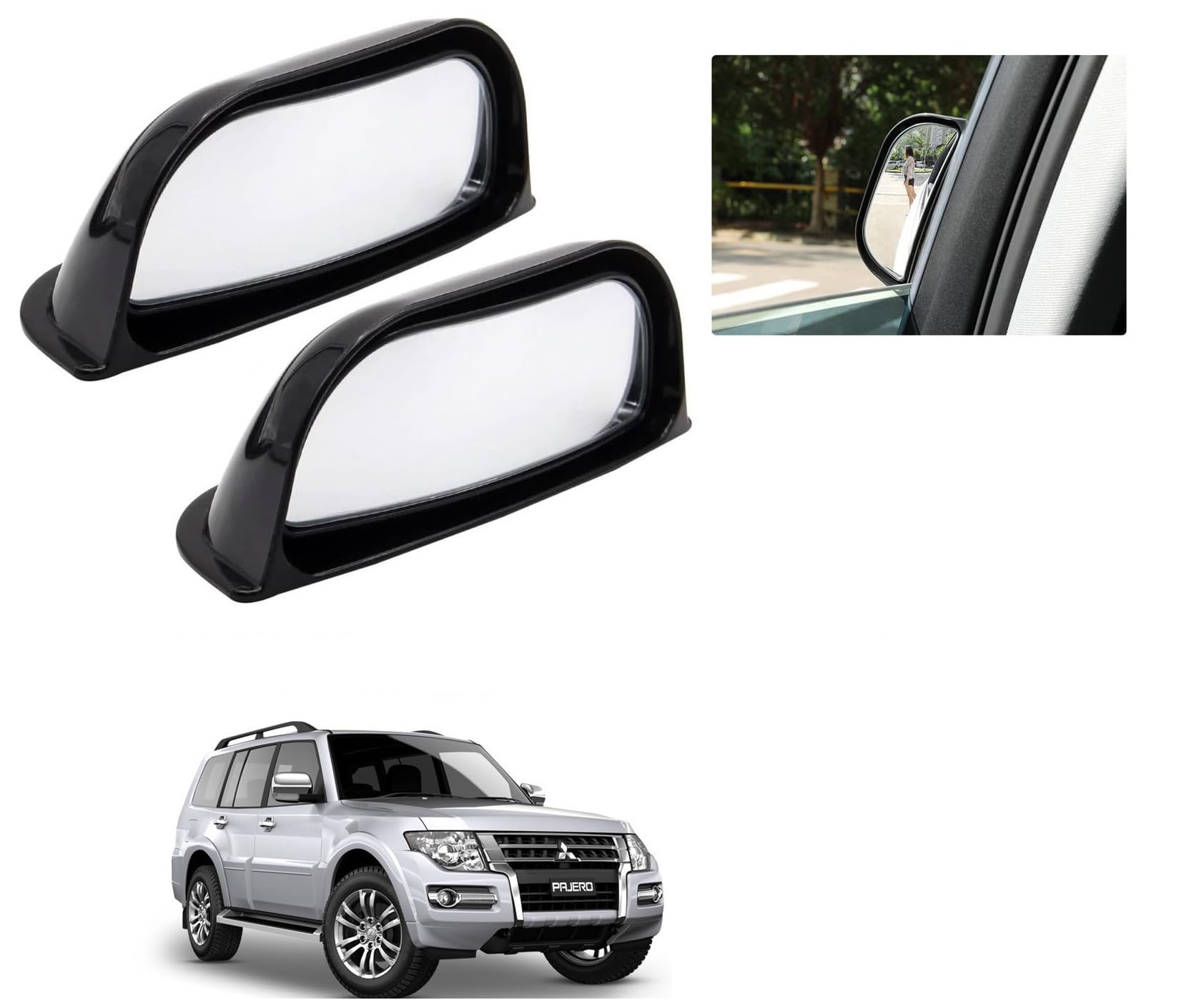 Auto Addict Car Side View Mirror Wide Angle Blind Spot Mirror/B-Pillar for Rear Seat Passengers (Pack of 2, Black) with Convex Mirror Compatible for Mitsubishi Pajero