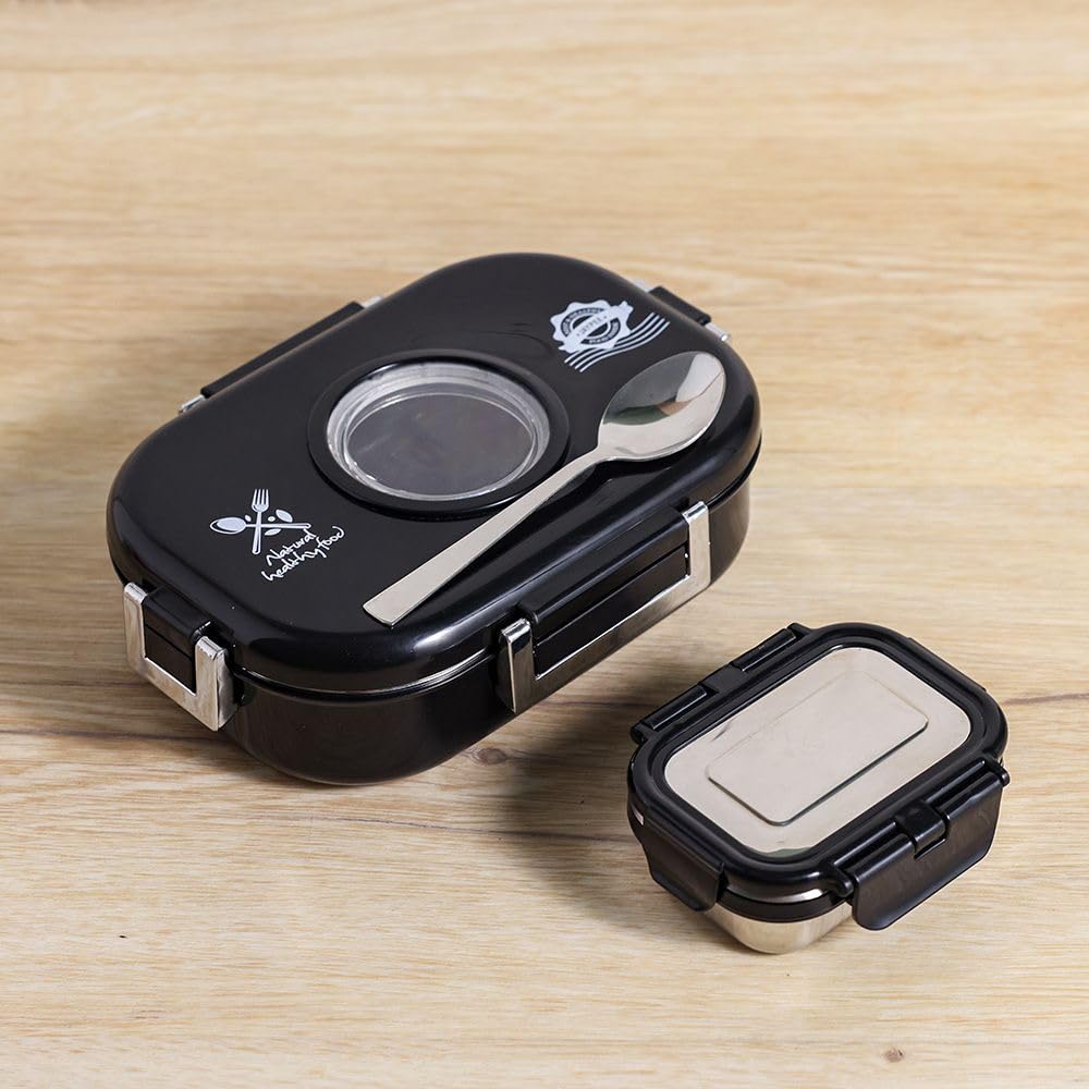 Danube Home Jaypee Submarine Insulated Lunch Box - | Plastic + Stainless Steel Lunchbox | Food Storage For Home Shool Office - Black