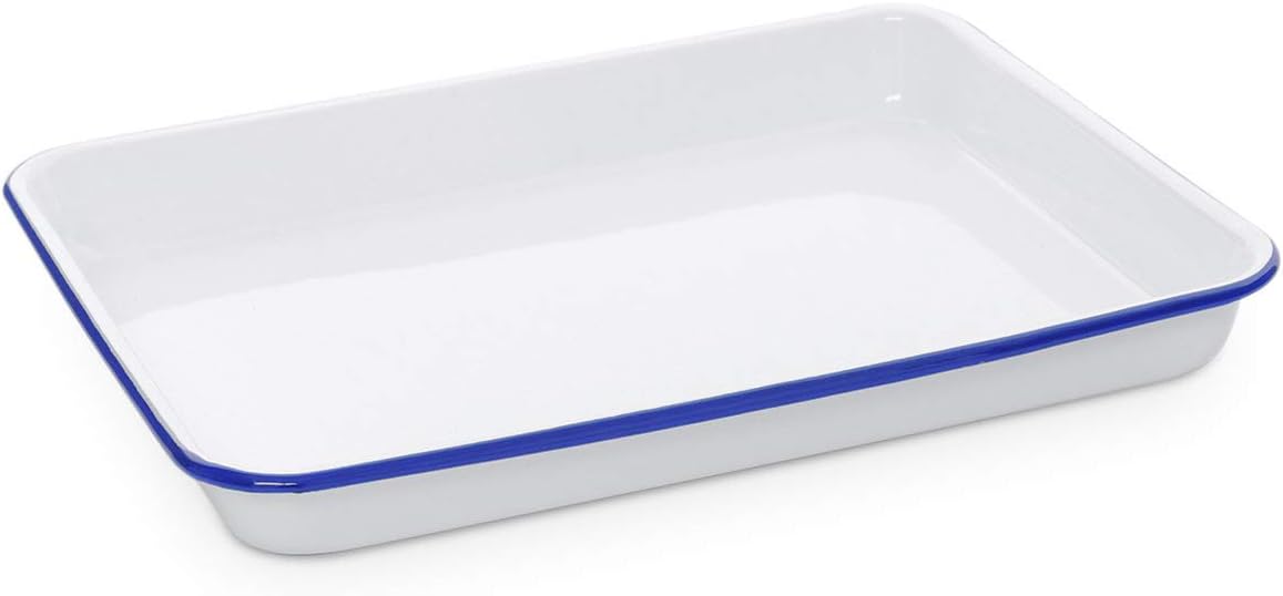 Enamelware Small Rectangular Tray, 11.25 x 9 inches, Vintage White/Blue (Single)
